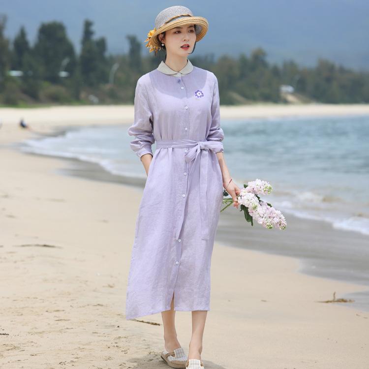 ワンピース レディース 麻 色織 長袖 ステップスカート ドールカラー ルーズフィット 刺繍 ベルト ボタン 紫 通勤 スタイル かわいい 軽量 通勤用 普段使い｜オレンジアイランド