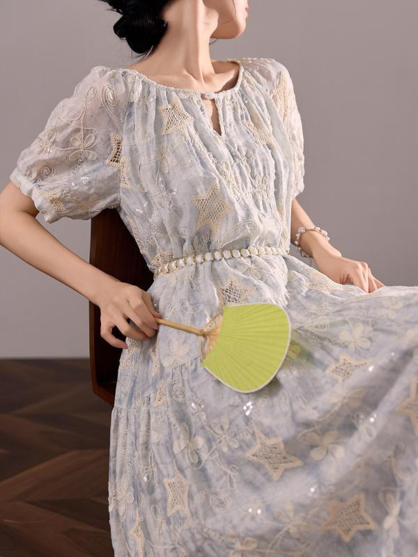 ワンピース かわいい 甘め ゆったり 星刺繍 夏 ビーチ リゾート 優しい 風 ロング スカート 女性用 天竺 ライセル 繊維 メイン ナイロン 補助 幾何学 模様 切り替え ステッチ ワイド フレア シルエット 単品 ロング丈 ミドル ウエス｜オレンジアイランド