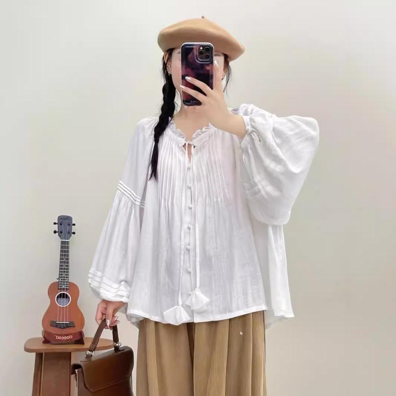 シャツ レディース 長袖 コットン 花柄襟 ギャザー ゆったり トップス ブラウス 秋冬 フェミニン かわいい きれいめ オフィス カジュアル3｜オレンジアイランド