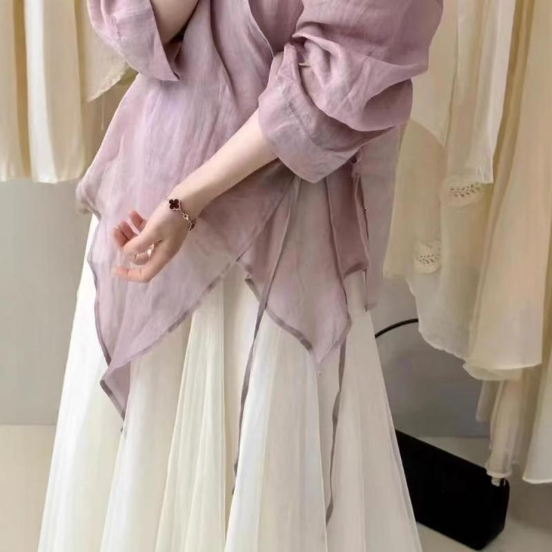 シャツ レディース 春夏 ?麻 トップス Vネック 長袖 カーディガン ゆったり 薄手 冷房対策 日焼け防止 文芸風 白 黒 ベージュ ピンク系 コーヒー色3|オレンジアイランド