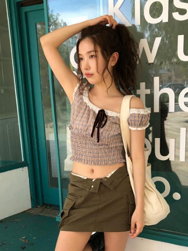 タンクトップ レディース 春夏 韓国 格子柄 ショート丈 へそ出し トップス カットソー ノースリーブ 木耳フリル コットン かわいい 黄色 白 黒3|オレンジアイランド