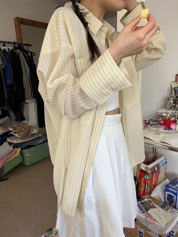 シャツ レディース 韓国 ゆったり ストライプ トップス 春夏 長袖 襟付き コットン3｜オレンジアイランド 8,085円