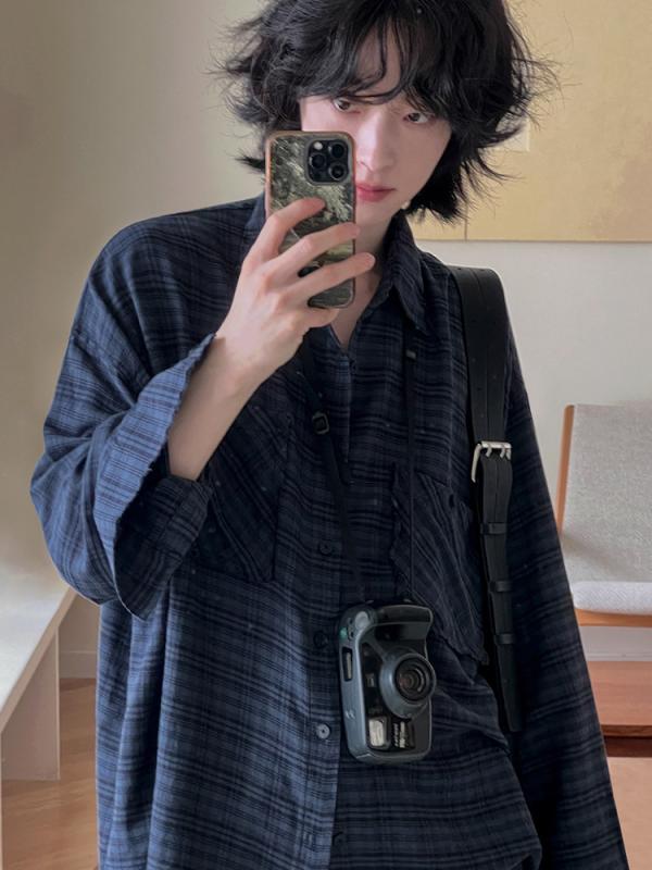 シャツ 男性用 長袖 コットン 格子柄 翻領 ゆったり カジュアル 韓国 普段使い 春 スプリング ネイビー トップス｜オレンジアイランド