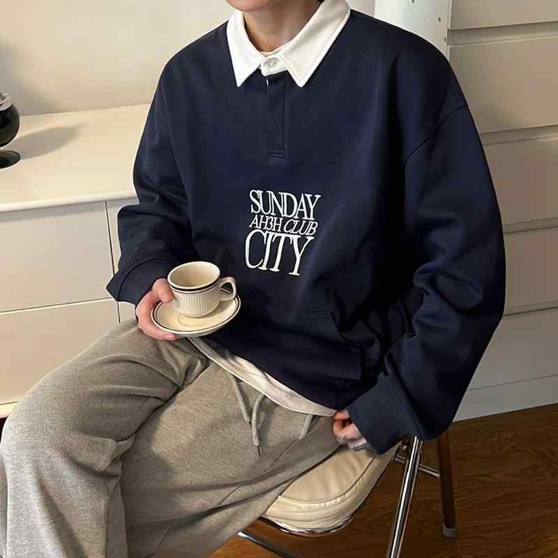 スウェット メンズ 男性用 春物 アメリカン ストリート カジュアル ロゴ 刺繍 コットン 長袖 ポロシャツ 紺色 黒｜オレンジアイランド