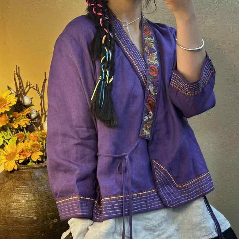 シャツ レディース 長袖 チャイナ風 刺繍 刺・墸 ブラウス ゆったり 斜め襟 リネン 麻 文芸 ?古 開襟 カーディガン トップス 春秋3|オレンジアイランド