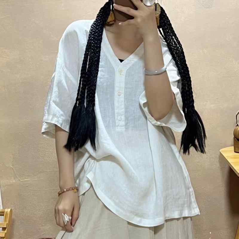 シャツ レディース 大きいサイズ Vネック 亜麻 リネン混 トップス 半袖 ブラウス ゆったり 普段使い 韓国 カジュアル 日系風 7分袖 ドロップショルダー3｜オレンジアイランド