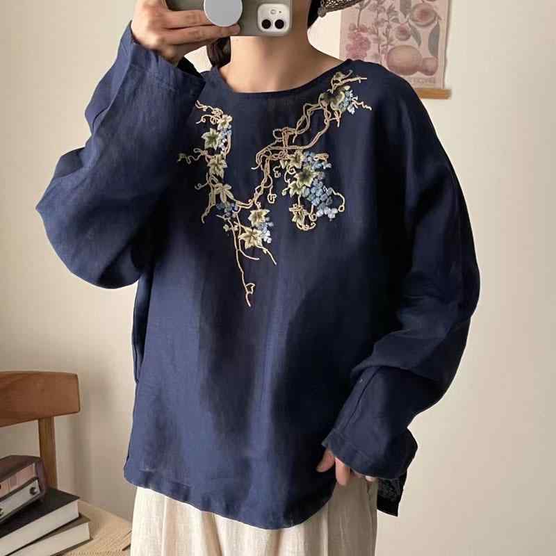 シャツ レディース フレンチリネン 刺繍 長袖 トップス ゆったり ラウンドネック ブラウス 米色 ピンク系 紺 日韓スタイル カジュアル 快適 普段使い3｜オレンジアイランド