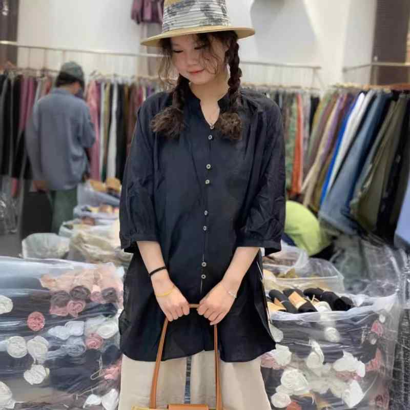 シャツ レディース 麻 リネン 5分袖 トップス ゆったり チュニック丈 ブラウス 文芸 レトロ 開襟 無地 接触冷感 薄手 体型カバー 着痩せ ラウンドネック 春夏3|オレンジアイランド