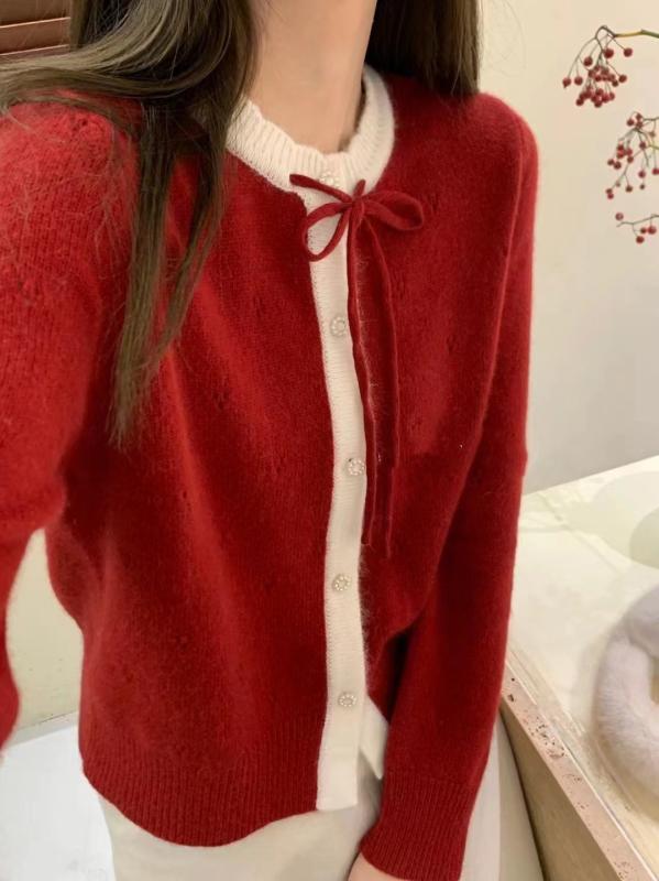 カーディガン レディース 春 ニット 丸首 学院風 羊毛 トップス アウター 羽織り かわいい レッド3｜オレンジアイランド