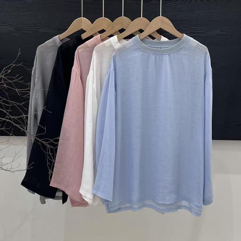 Tシャツ レディース 春夏 薄手 ?麻 長袖 カットソー シンプル 無地 ゆったり ラウンドネック トップス インナー 接触冷感3|オレンジアイランド