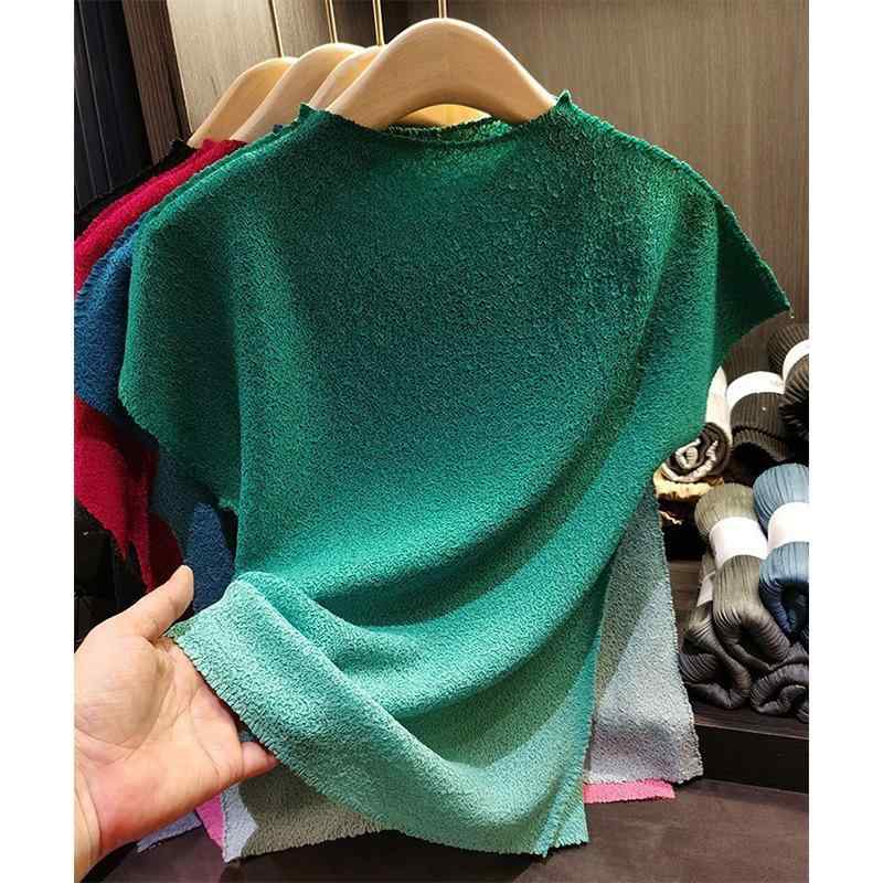 Tシャツ レディース グラデーションカラー ギャザー 半袖 ポリエステル 立襟 トップス 普段使い 通勤 きれいめ エレガント シワ加工 春夏3｜オレンジアイランド