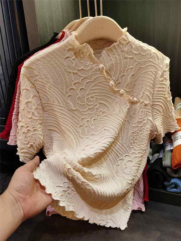 Tシャツ レディース 半袖 祥雲柄 Vネック チャイナドレス風 トップス 杏色 赤 ピンク系 普段使い かわいい きれいめ 通勤着 聚??? ポリエステル 褶?3|オレンジアイランド