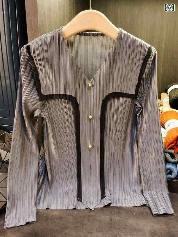 Tシャツ レディース Vネック ギャザー トップス 長袖 ポリエステル 無地 グレー ブラック 普段使い 通勤 きれいめ3｜オレンジアイランド