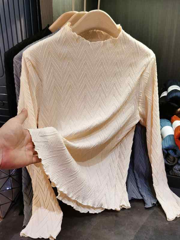Tシャツ レディース トップス 長袖 プリーツ 無地 ハイネック 通勤 オフィスカジュアル ポリエステル 杏色 グレー ブラック 秋冬3|オレンジアイランド