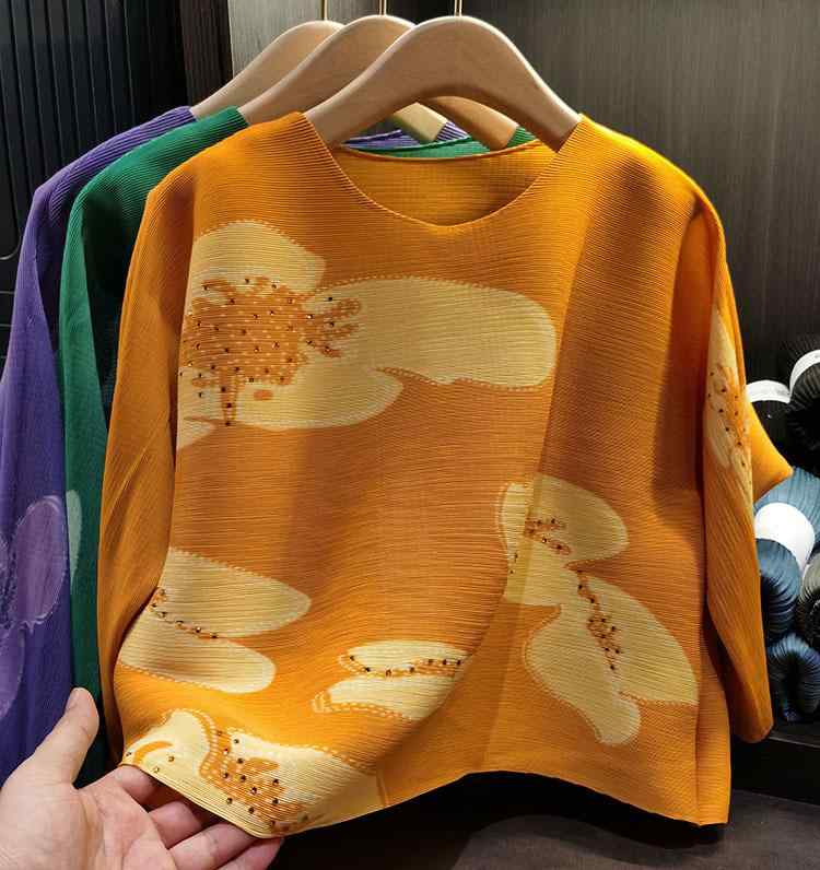 Tシャツ レディース 長袖 春 トップス 接触冷感 ポリエステル 蝙蝠袖 ゆったりサイズ 大きいサイズ プリーツ ラウンドネック カットソー 通勤 カジュアル 黄色 紫色 緑3|オレンジアイランド