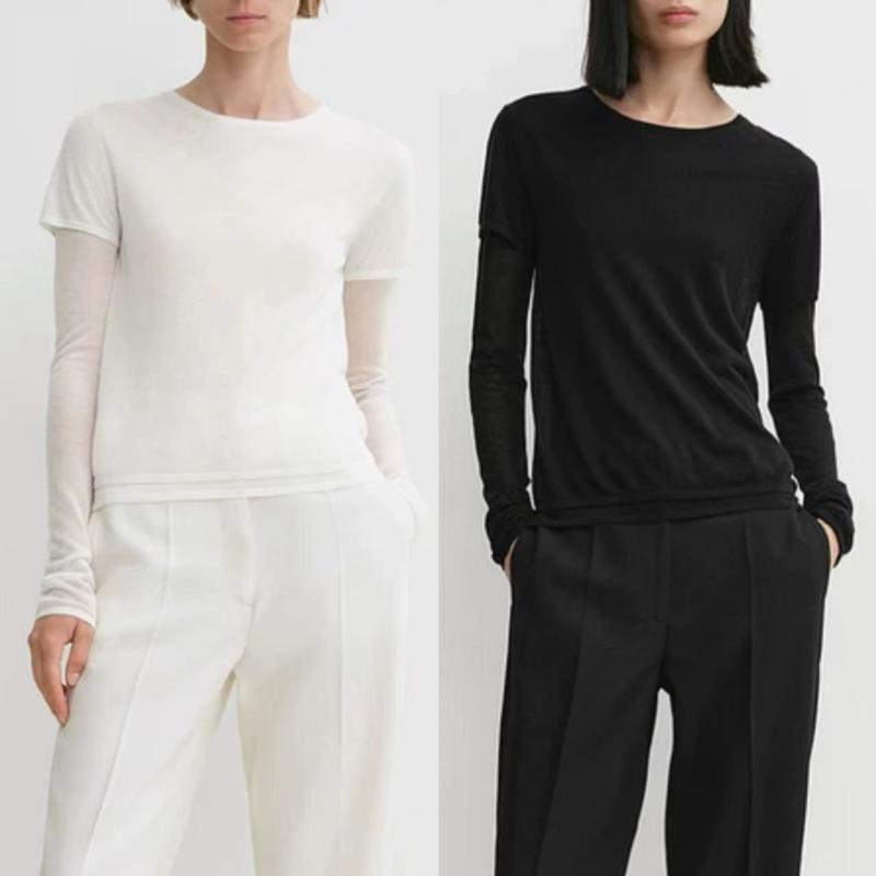 Tシャツ レディース ニット トップス レイヤード風 長袖 スリムフィット 丸首 秋冬 天絲 再生繊維 通勤 オフィス3｜オレンジアイランド