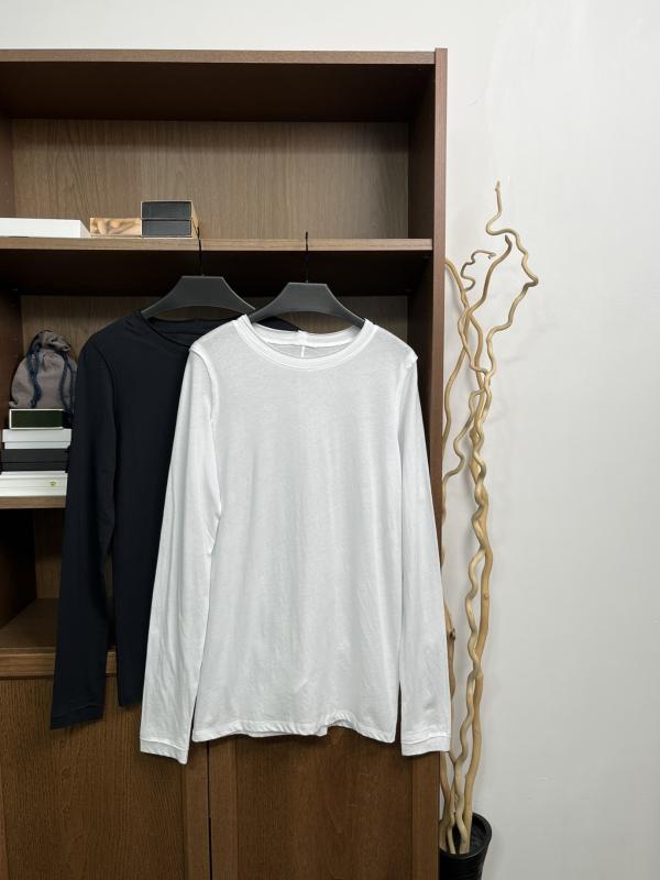 Tシャツ レディース 長袖 薄手 カットソー 丸首 コットン トップス 白 黒 レトロ 文芸風3|オレンジアイランド