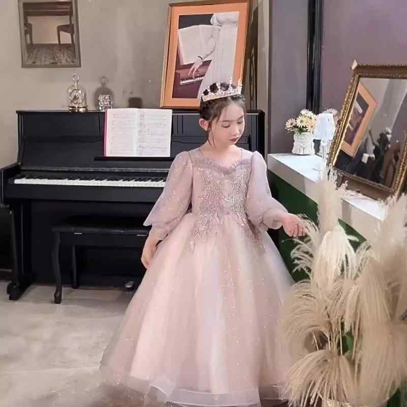 子供用ドレス 秋冬 長袖 誕生日 ガールズ ピアノ 発表会 キッズ フォーマル 演奏会 ロングドレス 女の子 110cm 120cm 130cm 140cm 150cm 160cm 煙紫色|オレンジアイランド