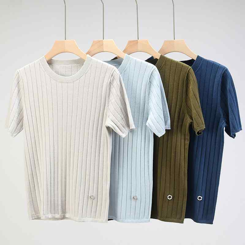 ニット レディース コットン 混紡 リブ 半袖 トップス カットソー ラウンドネック プルオーバー 普段使い S M L 春夏 ブルー グレー グリーン3|オレンジアイランド