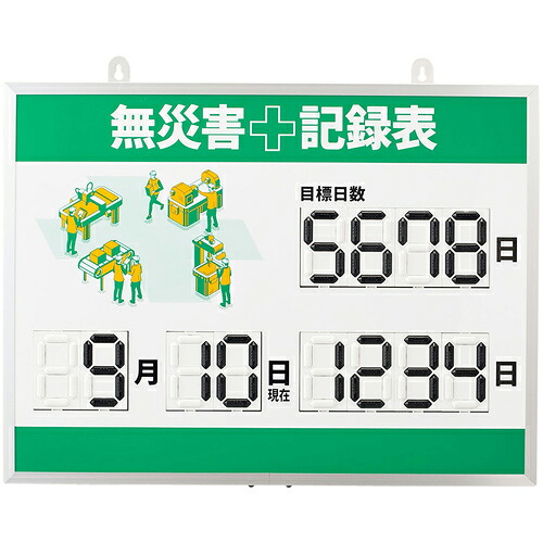 緑十字 ( 日本緑十字 ) くるっと3D数字札式無災害記録表(デジタル数字仕様) MKH-003 453×603×23mm アルミ枠付 ( 413003 )