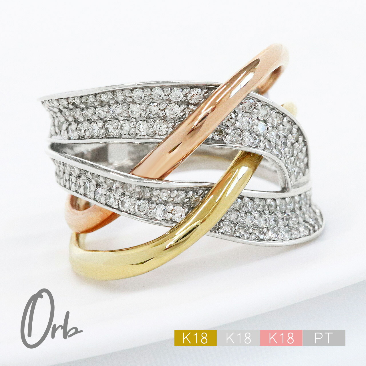 pt900 ダイヤモンド リング コンビネーション 0.75ct k18 レディース ジュエリー コンビ プラチナ 18金 ゴールド ダイヤ パヴェ pave 幅広 太い 太め ウェーブ 指輪 日本製|Orb jewelry(オーブジュエリー)