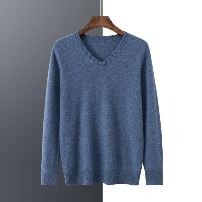【貨物輸送無料】編み物 メンズ 成人男性用 Vのど首 ティーシャツ カシミール混 絨毛 プルオーバー 長袖 肌付き 無地 薄っぺら ゆったり 普段使い走り 秋冬 ベージュ系 薄墨色系 米国海軍系 黒いこと ニット・セーター-メンズファッション