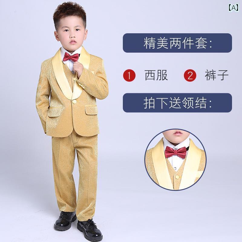 【送料無料】男の子 子供スーツ フォーマル キッズ 秋冬 小学生 発表会 合唱 衣装 シングルブレスト ジャケット 長ズボン ベスト 蝶ネクタイ 派手 ゴールド