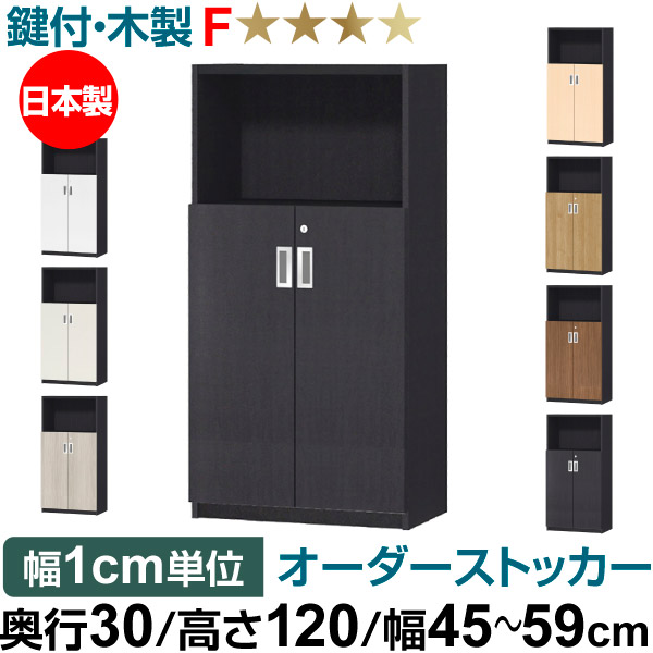 オーダーオフィスストッカー 奥行30（29.5cm）×高さ120（119.1cm）×幅45～59cm 2段扉 本体色ブラック（BK）