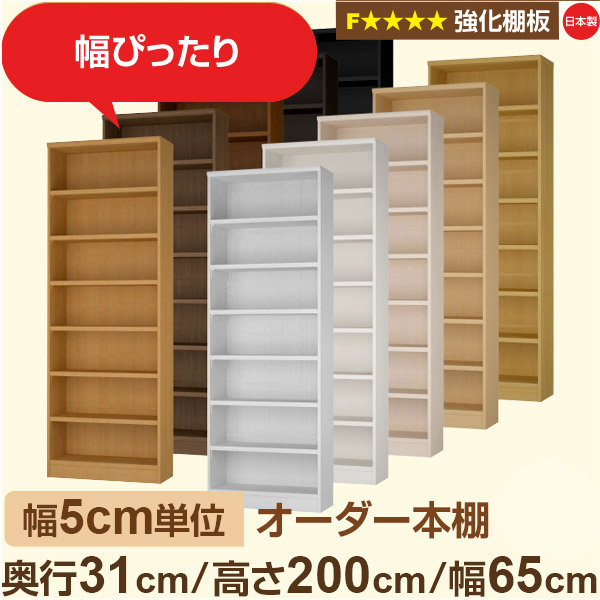 幅5cm単位【強化棚板】オーダー本棚 収納 棚 奥行31cm 高さ200cm 幅65cm｜日本製 木製収納棚｜A4対応・書斎・オフィス向け｜フォースター｜棚板移動1.5cmピッチ・幅木よけカット加工