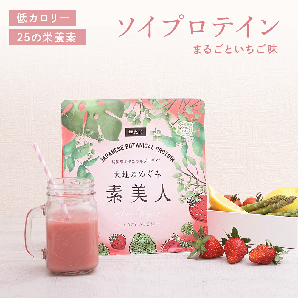 ソイプロテイン プロテイン ソイ いちご 甘味料（人工由来） 不使用 保存料 無添加 国産 大豆プロテイン 植物性 オーガニック 砂糖不使用 250g タンパク質 妊婦 妊活 妊娠 女性 サプリ 鉄 ビタミン 完全栄養食 食物繊維 健康 美容 大地のめぐみ素美人 置き換え