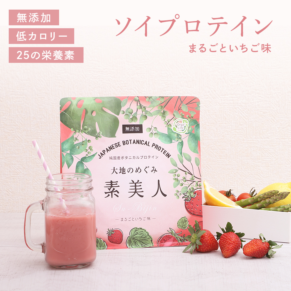 ソイプロテイン まるごといちご味 大地のめぐみ素美人 250g 純国産 完全食 食品添加物 無添加 一日一回 オーガニック 女性 の為のスーパーフード タンパク質 たんぱく質 低糖質 おからパウダー 大豆 食物繊維 オリゴ糖 ミネラル カルシウム 送料無料