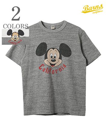 BARNS バーンズ 半袖|吊り編み|丸胴|リサイクルコットン|ミッキーマウス|プリントTシャツ『TSURI-AMI CREW NECK Smiling Mickey SST』【アメカジ・カレッジ】BR-26183