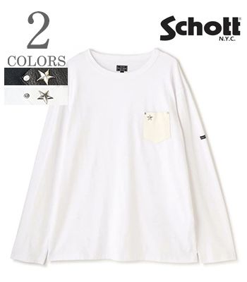 Schott 打つこと 長袖|労働者の一団素っ首|ディアスキン|スタッズ『ONESTAR LEATHER POCKET LS T-SHIRT』【アメカジ・自動自転車】782-5930003