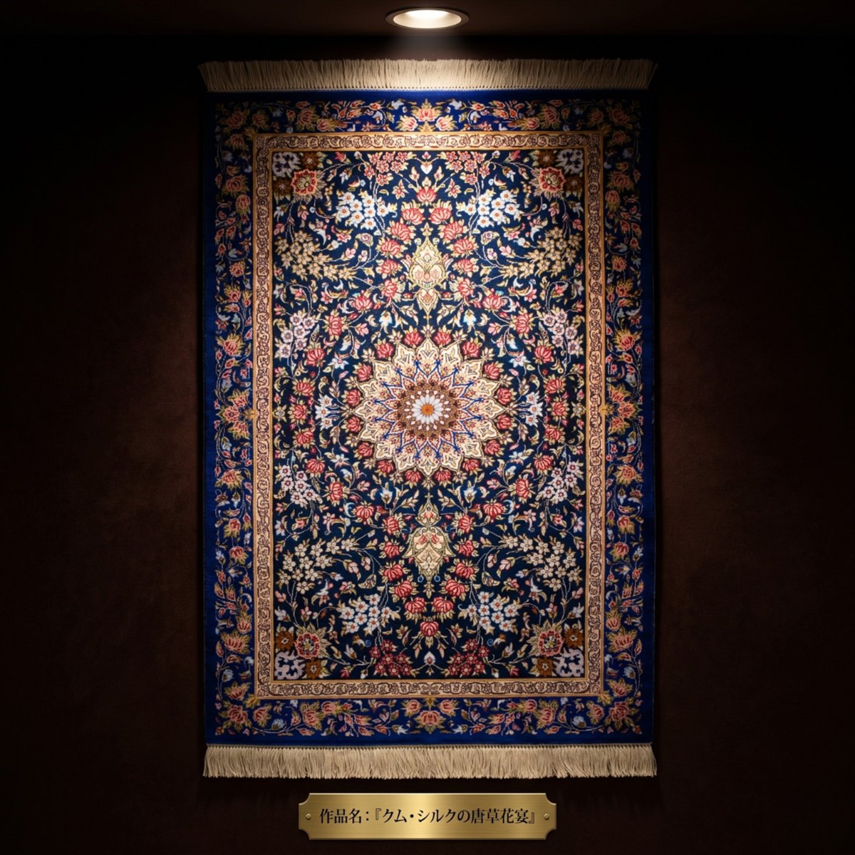 ペルシャ絨毯 【本物イラン産】 クム シルク アーダヴィ工房 玄関マット 花柄 89x59cm ブルー ネイビー 青 紺色 壁掛け 伝統工芸 タペストリー 高級 メダリオン 唐草 花々 額装 手織り絨毯 華やか 豪華 光沢感 NT8555｜オリエンタルラグファクトリー
