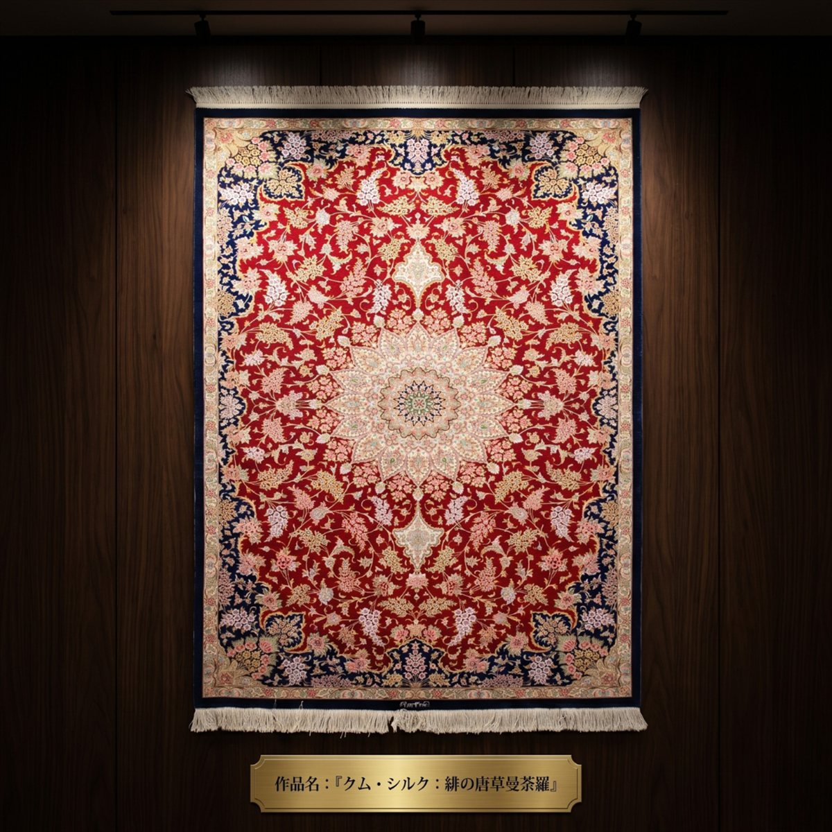 ペルシャ絨毯 【本物イラン産】 クム シルク マルージ工房 ラグ 203x133cm NT11299 赤 ペルシャンレッド ダークブルー 濃紺 壁掛け 伝統工芸 タペストリー 高級 薔薇 バラ 花柄 額装 手織り絨毯 華やか 豪華 最高 品質｜オリエンタルラグファクトリー 712,000円