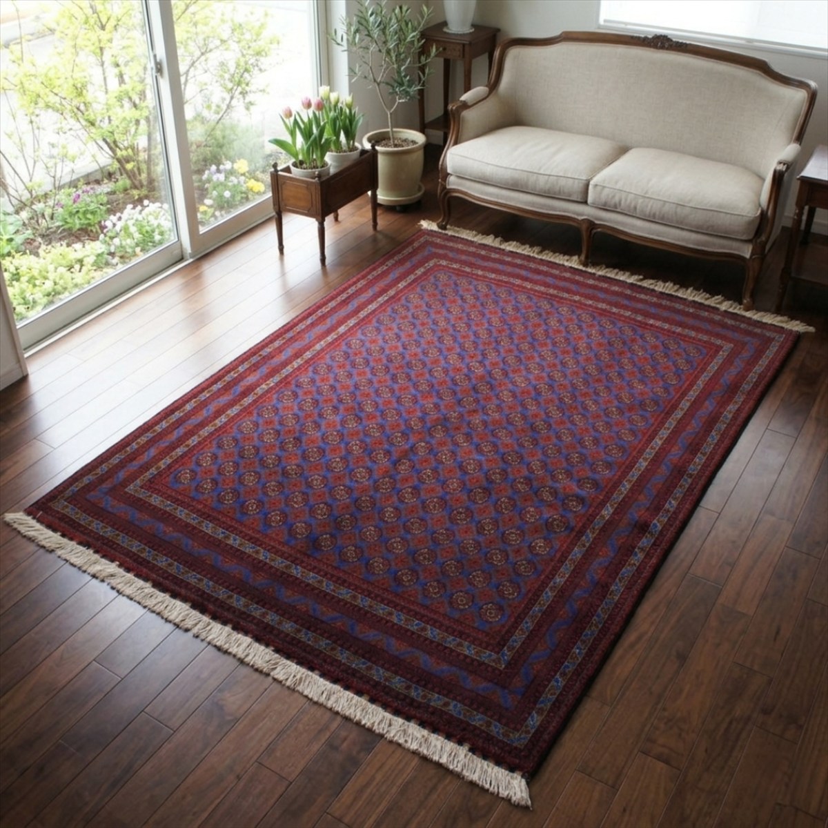 【至宝の逸品】アフガニスタン産 ホジャロシュナイ 絨毯 マザリシャリフ アンティーク ヴィンテージ レッド ブルー バイオレット 伝統文様 芸術品 200×150cm トライバル 手織り絨毯 ラグ 高品質 さわり心地 PS7296