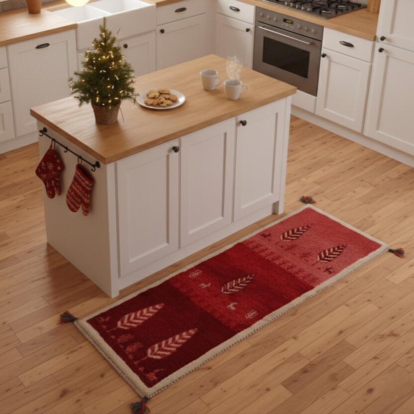 ペルシャ ギャッベ 本場イラン産 キッチンマット 144×52cm 厚み 2.42cm 茜色 グラデーション 糸杉 生命の木 ヤギ ギャベ 天然素材 草木染め 手織り 赤ちゃん カシュガイ族 ランナー 細長い RJ13960
