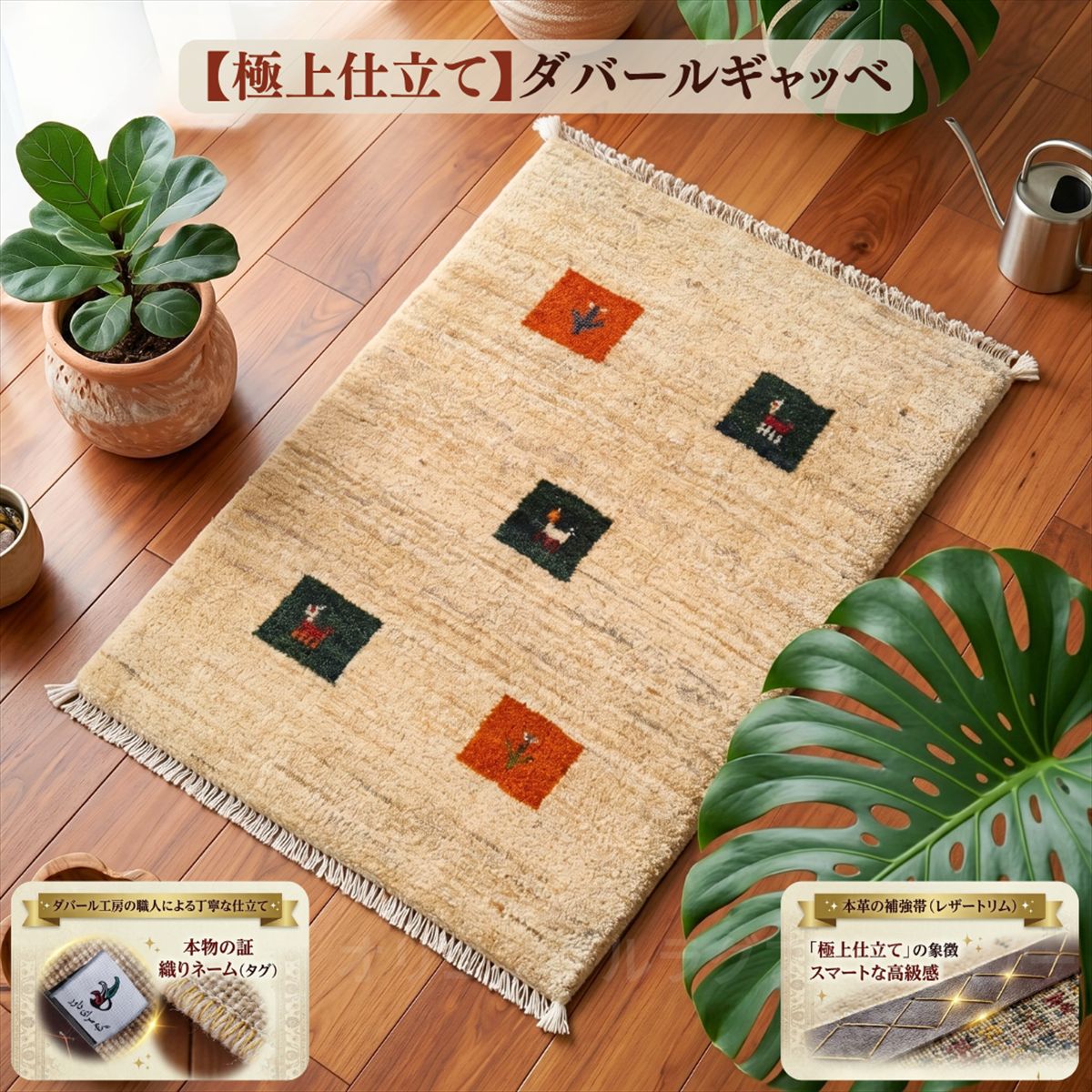 \値上げ前旧価格/ 【極上仕立て】ダバール ギャッベ 玄関マット 86×61cm ベージュ アイボリー スクエア 生命の木 動物柄 ギャベ イラン産 ペルシャ絨毯 手織り 天然ウール 補強革帯 厚手 おしゃれ かわいい 遊牧民 一点物 絨毯 B193|オリエンタルラグファクトリー