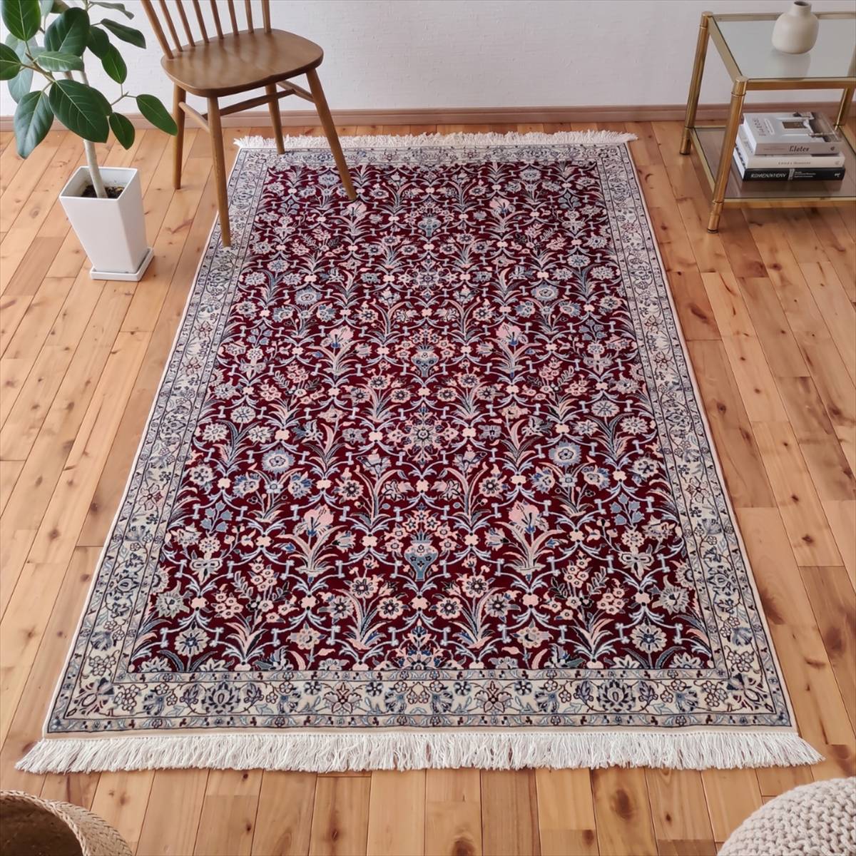 【20％OFFクーポン対象】お買い物マラソン★ ペルシャ絨毯 ナイン産 9LA 202&times;130cm 手織り ウール シルク ノーラ 本物イラン産 センターラグ リビング アフシャーン オールオーバー 総柄 唐草 植物文様 ワインレッド 赤 アイボリー 高級 敷物 上品 TR7026｜オリエンタルラグファクトリー