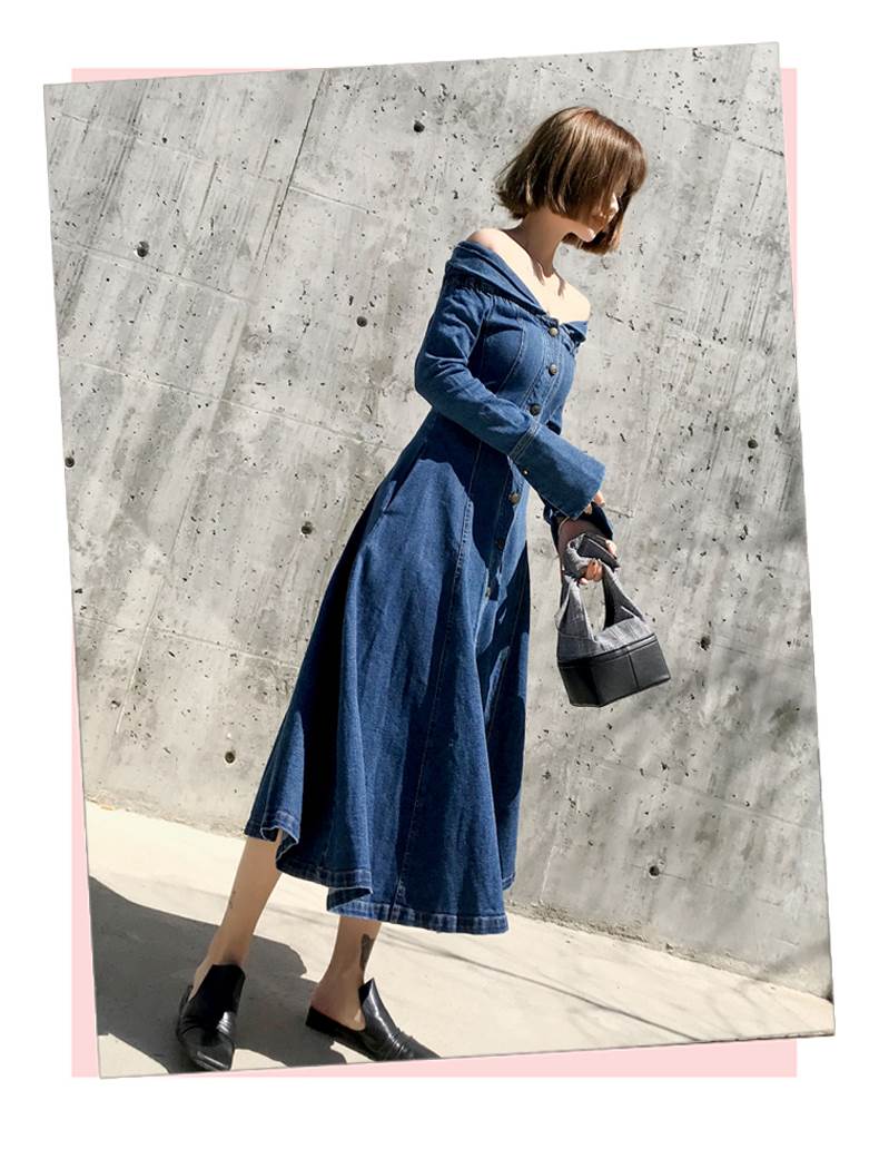 ワンピース ロング丈 マキシ丈 デニム 長袖 オフショルダー ノーカラー レディース かわいい 大人可愛い きれいめ こなれ感 シンプル カジュアル 主役級 存在感 個性的 韓国 オルチャン デート お出かけ ワンピース オールインワン ポケット Aライン フレア 肩出し｜ORIENTAL WIND