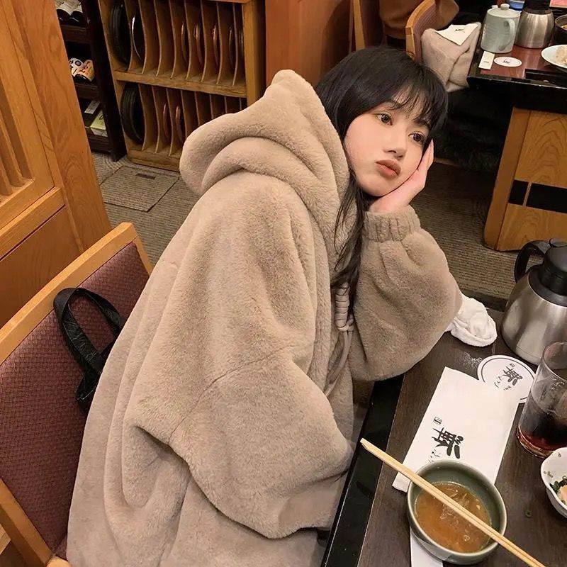 フード付き もこもこ ジップアップ ジャケット コート アウター フーディー 上着 もこもこアウター ミディアム丈 袖あり 長袖 ふわふわ ファスナー ポケット 前開き かわいい 大人可愛い シンプル カジュアル ラフ ルーズ 大人 おしゃれ 大人 韓国 オルチャン 送料無料
