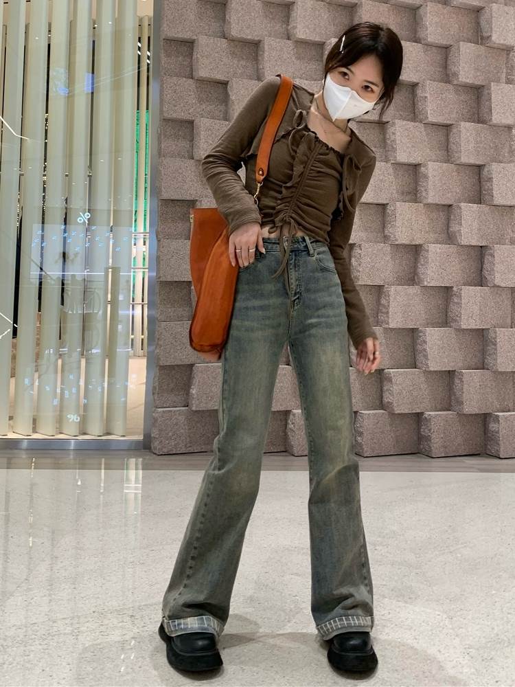 小さいサイズ ハイウエスト フレア デニムパンツ ボトムス パンツ Gパン ズボン フレアパンツ ロング丈 スリム タイト ハイウエスト デニム ブルーデニム カラーデニム かわいい 大人可愛い シンプル カジュアル 大人 おしゃれ レトロ こなれ感 韓国 オルチャン 送料無料