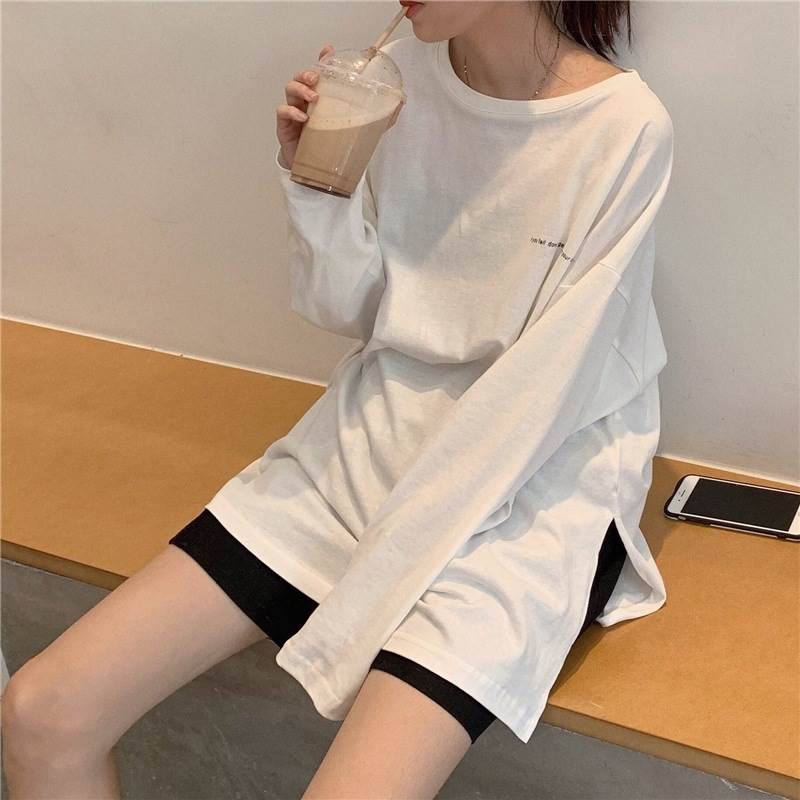 トップス ロゴ ドロップショルダー ロンT 長袖 Tシャツ レディース カットソー プルオーバー インナー 丈長 ラウンドネック 襟なし スリット サイドスリット 綿 かわいい 大人可愛い シンプル カジュアル ルーズ プリント 個性的 トップス 春 秋 韓国 オルチャン