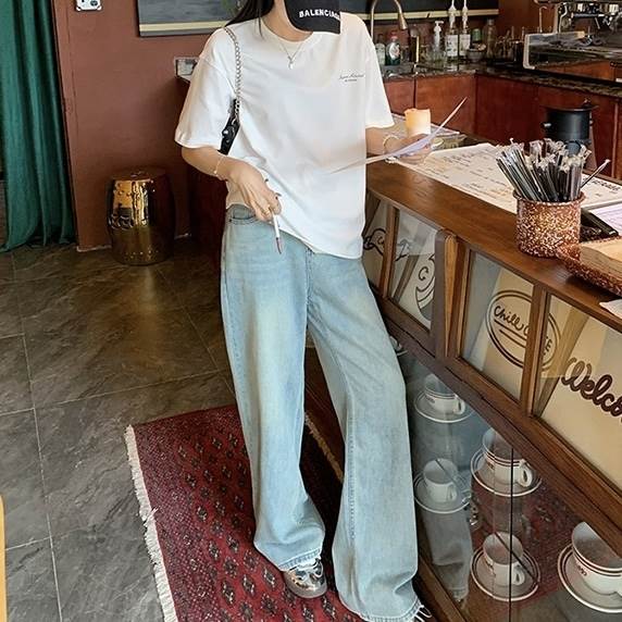 デニムパンツ ボトムス フルレングス ハイウエスト ファスナー レディース かわいい 大人可愛い きれいめ 上品 こなれ感 シンプル カジュアル 主役級 存在感 個性的 韓国 オルチャン 伸縮性 デート お出かけ デニムパンツ ワイド ポケット ロング丈 無地 ストレート
