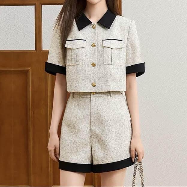 レディース セットアップ トップス カットソー 半袖 襟付き ポロカラー ボタン 前開き ポケット パンツ ショート丈 ウエストゴム 2点セット 上下セット スリム 細身 きれいめ 上品 おしゃれ お洒落 大人可愛い 大人女子 カジュアル かっ 韓国 オルチャン