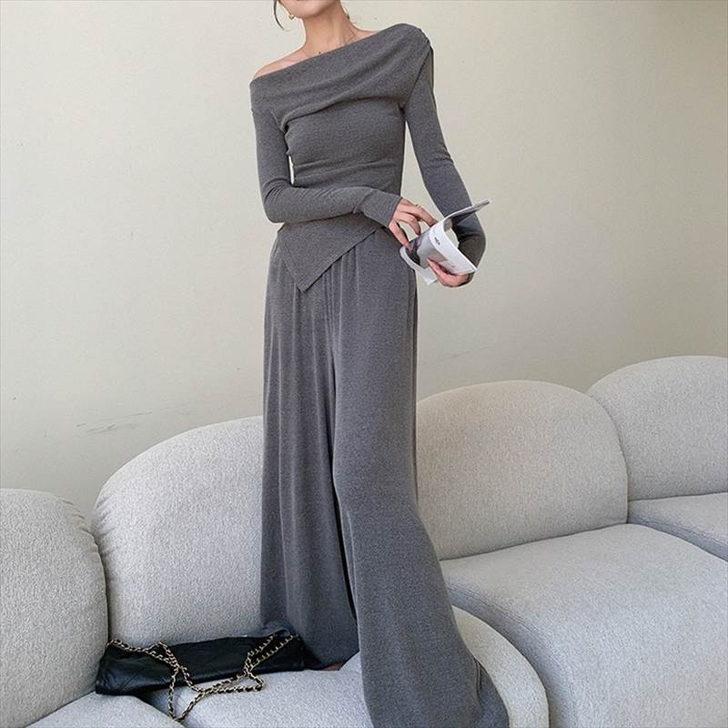 パンツセットアップ オフショルダートップス＋ロングワイドパンツセット ツーピース レディース トップス パンツ ボトムス セットアップ オールインワン ロング 長袖 オフショルダー ストレート スマート アシンメトリー ワイド ブーツカット 韓国 オルチャン