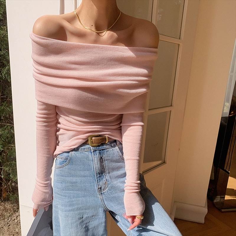 オフショルダー薄手ニット オフショルダーカットソー レディース 長袖カットソー オフショルダーニット オフショルカットソー トップス カットソー ニット 長袖 オフショルダー ボートネック スマート スリム 細身 タイト かわいい 大人可愛い きれ 韓国 オルチャン