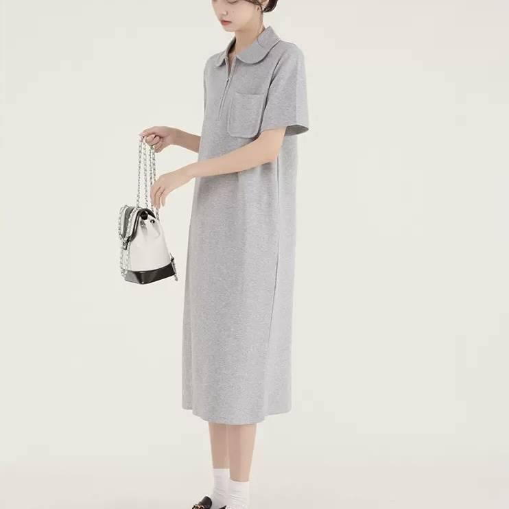 ワンピース 韓国風 オルチャン Tシャツ ワンピース ポケット付き ワンピース ワンピ ミモレ丈 膝丈 アンクル 袖あり 半袖 Uネック ラウンドネック ジップアップ ストレート Iライン きれい きれいめ シンプル 送料無料 個性的 ワンピース 大人カジュアル 韓国 オルチャン