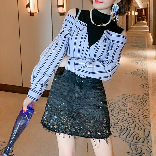レディース トップス シャツ 長袖 ハイネック モックネック 肩出し 襟なし ノーカラー 切り替え ドッキング かわいい 大人可愛い きれいめ シンプル カジュアル 上品 おしゃれ 大人女子 抜け感 ストライプ 春 秋 送料無料 個性的 トップス オフィス ビジネス 韓国 オルチャン｜ORIENTAL WIND