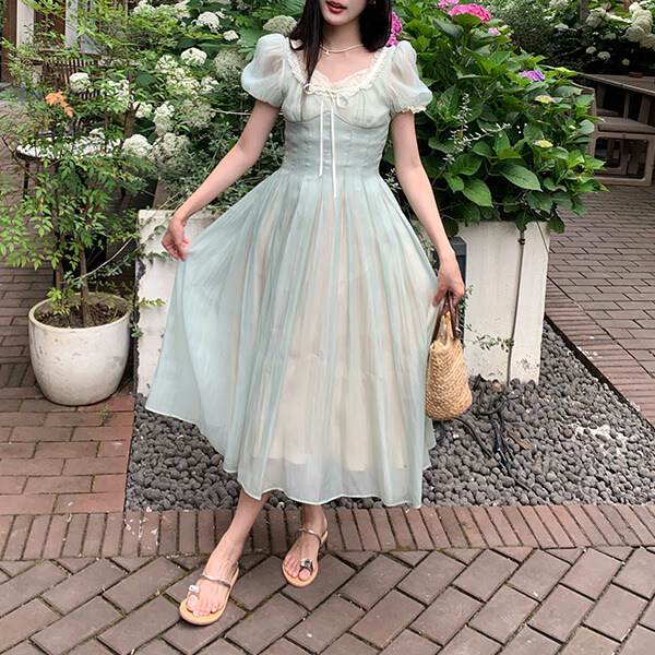 レディース ワンピース ドレス ミモレ ロング 半袖 パフスリーブ Uネック フレア Aライン 切り替え フェミニン プリーツ レース リボン かわいい 大人可愛い きれいめ シンプル カジュアル おしゃれ ショッピング 送料無料 個性的 ワンピース エレガント 韓国 オルチャン 11,746円